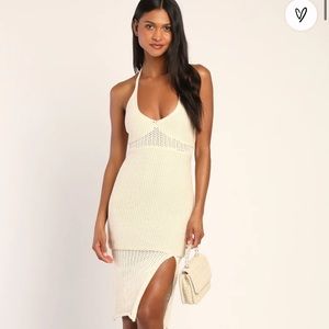 Lulu’s Cream Pointelle Knit Bodycon Halter Midi Dress